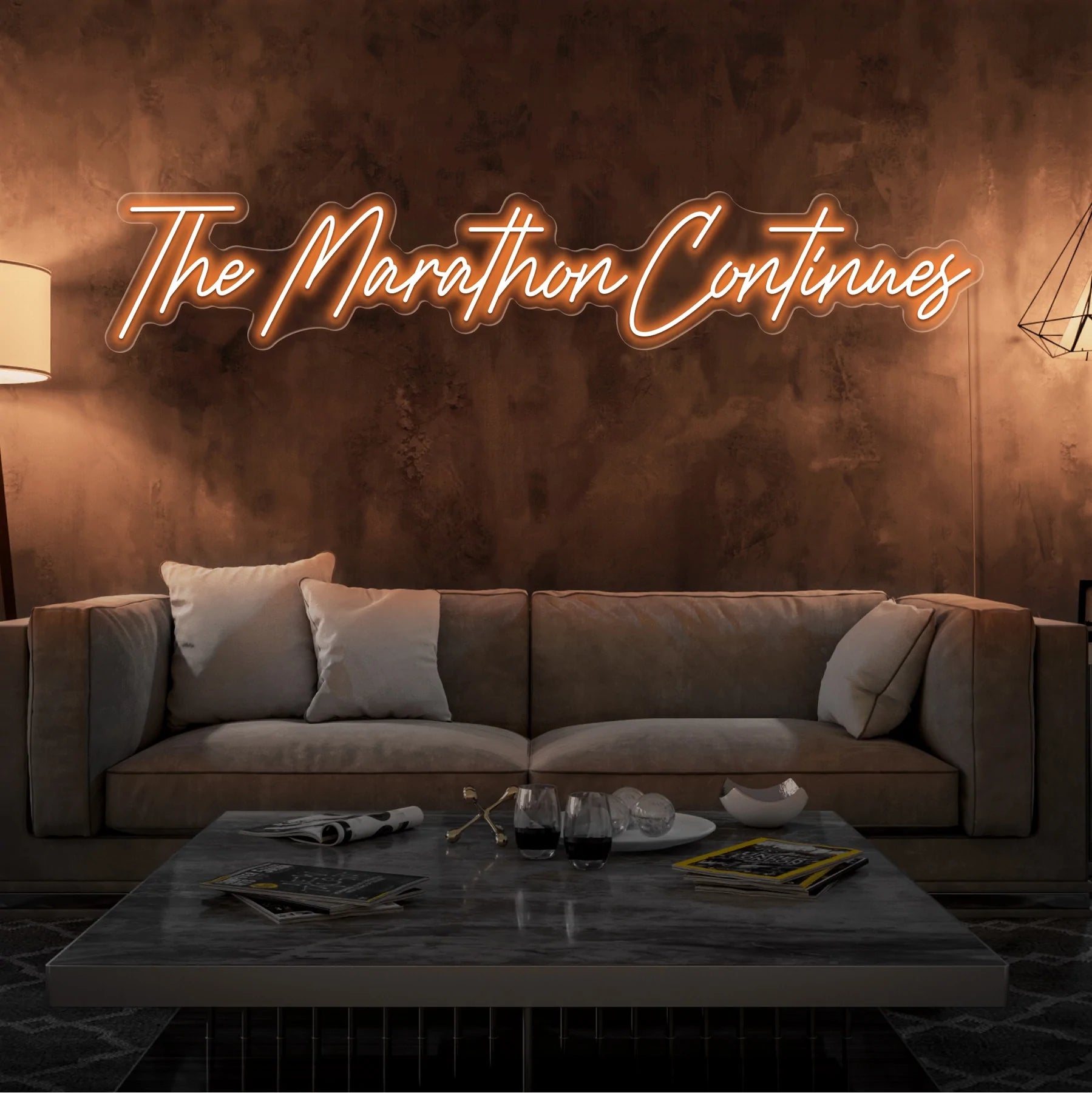 arancione_679b7e8b-9541-4e48-8f30-f8bd507591c5.jpg Scritta a Led Personalizzata Frasi Personalizzate "The Marathon Continues" cm 130 x 40 - immagine 1